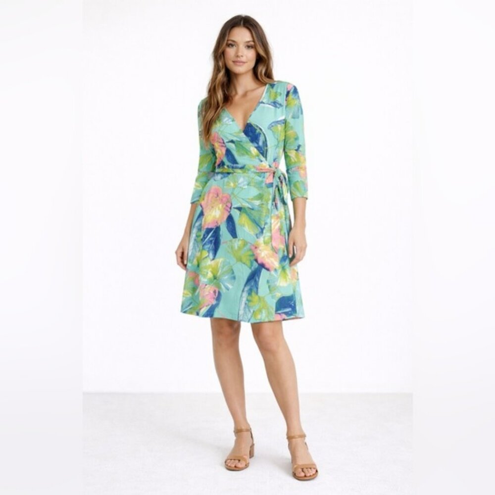 BOLD elements Floral Wrap Dress Knee Length Turquoise Pink Green 3/4 Sleeve M